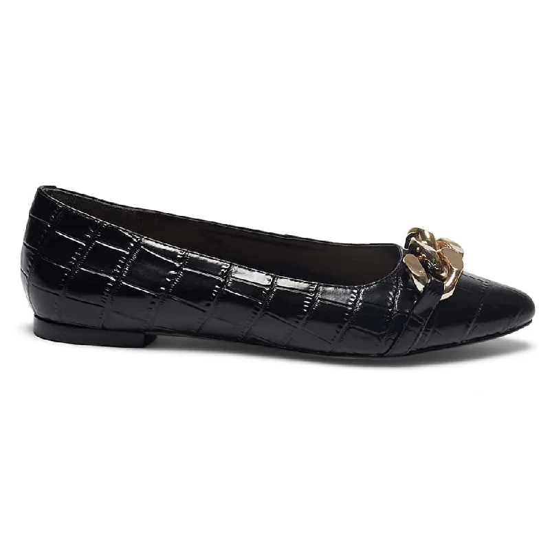 Lacey Flat in Black Croc Leather