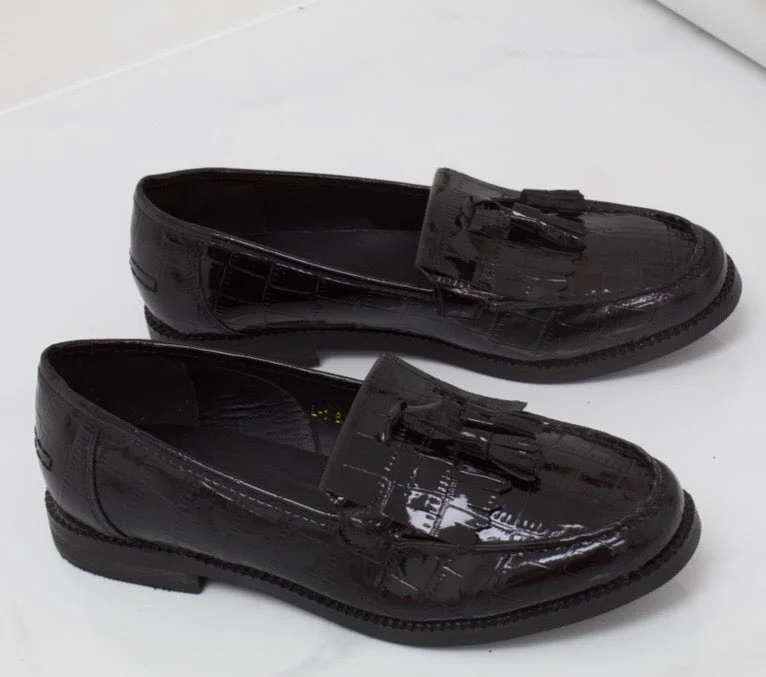 Ava - Black Patent Croc Print Tassle Loafer