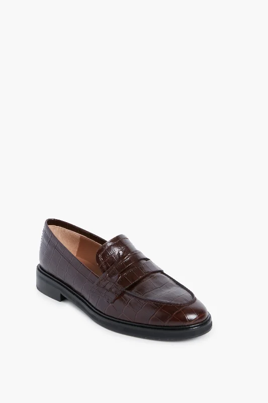 Brown Croc Leather Sara Loafers