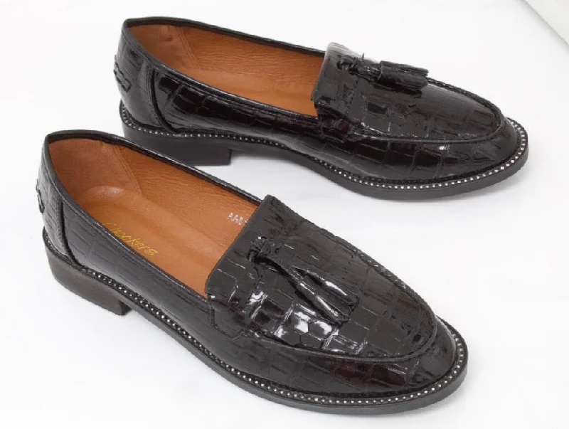 Victoria - Black Patent Croc Print Diamante Sole Tassel Loafer