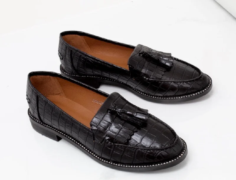 Victoria - Black Vegan Leather Croc Print Diamante Sole Tassel Loafer