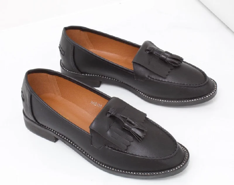 Victoria - Black Vegan Leather Diamante Sole Tassel Loafer