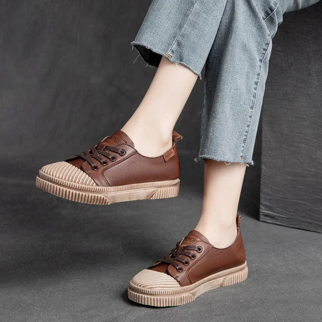 Women's Handmade Solid Pattern Genuine Leather Platform Sneakers