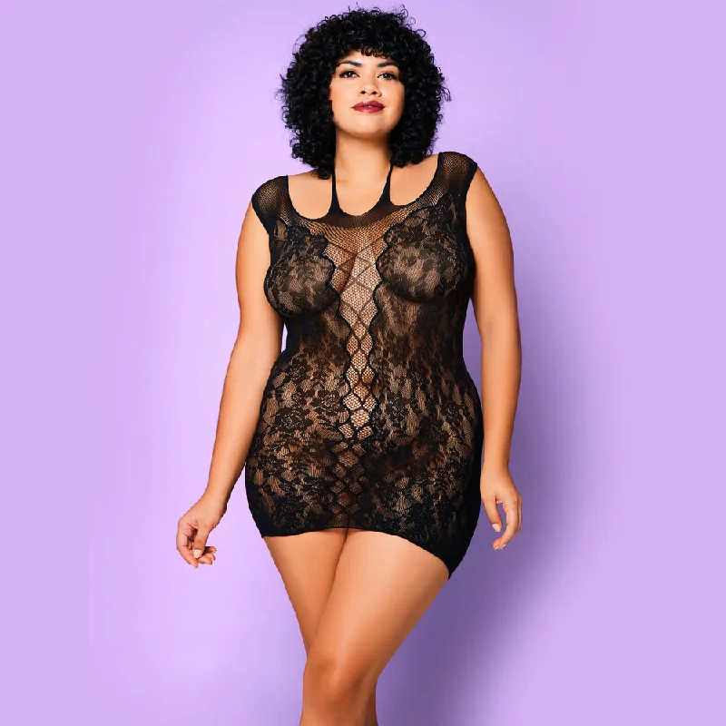 Glitter Lace Kiss Floral Criss-Cross Mesh Chemise - Curvy