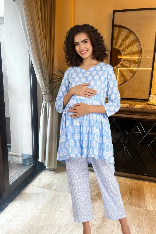 Maya Blue Maternity & Nursing Lounge Coord Set (2Pc) (100% Cotton)