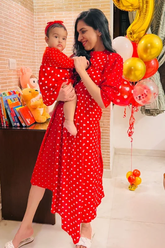 Mini Me (Mother-Daughter) Asymmetrical Red Polka High Neck Maternity & Nursing Dress (Set Of 2)
